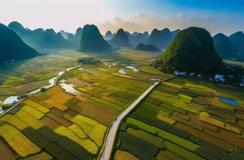 中国桂林日落时分的稻田,高清,摄影图,摄影图片,图片大全,摄影图免费下载